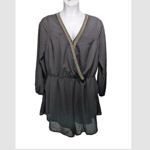 Torrid Beaded Deep V-Neck Long Sleeves Short Crepe Jumpsuit Black Plus 2X